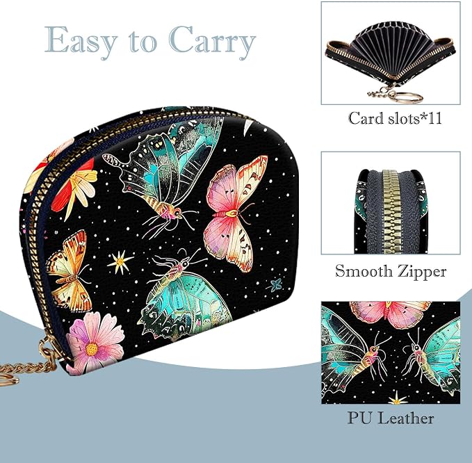 Women's Slim RFID Wallet – Compact Leather Card Holder Wallet for Women, 9 Card Slots RFID Blocking Credit Card Organizer, Small Travel Wallet - Butterfly Moon Flower