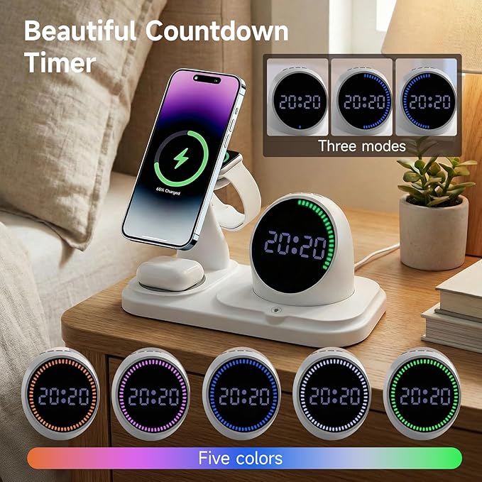 6 in 1 Wireless Charger i-Phone Charging Station: Stand for Multiple Devices for Apples - Compatible i-Phone 17 16 15 14 13 Pro Max Apples Watch Airpods, Design with Wireless Speaker & Clock (White)