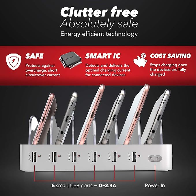 USB Charging Dock - 6-Port Universal Charging Station for Multiple Devices - Multi Device Charger Station - Compatible with Apple, iPad, iPhone, and Android Cell Phones and Tablets