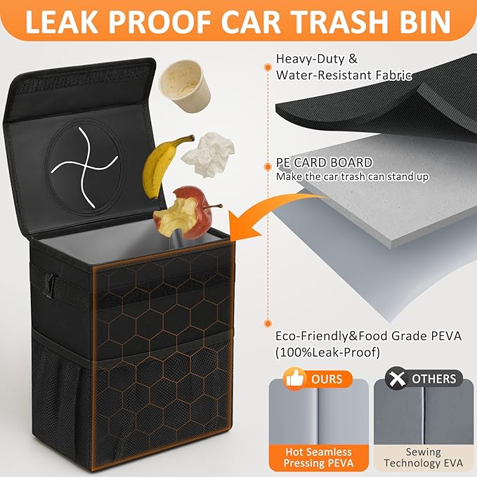 Vankor 4.2 Gallons Car Trash Can with Lid, Bag Bin Hanging Waterproof Automotive Car Garbage Cans Leak Proof Vehicle Trash Can for Truck SUV,Black