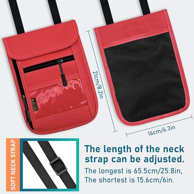 Travel Neck Wallet & RFID Blocking Sleeves for Men and Women, Neck Money Pouch Anti Theft Travel Document Organizer with Adjustable Strap - Red