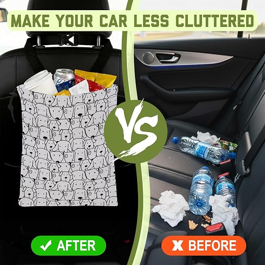Car Trash Bag Abstract Dog Hanging Drawstring Car Organizer and Storage Bag with Adjustable Buckle Canvas Garbage Bin for Back Seat or Hanging Headrest Car Decor Road Trip Essentials