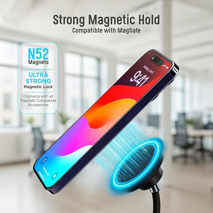 GALVANOX Magnetic Fast-Charging Desk Phone Stand (Adjustable Height) Compatible with MagSafe, Tall Wireless Charger, Heavy Metal Base (15W) Desktop iPhone Holder, Great for Office/Video Calls