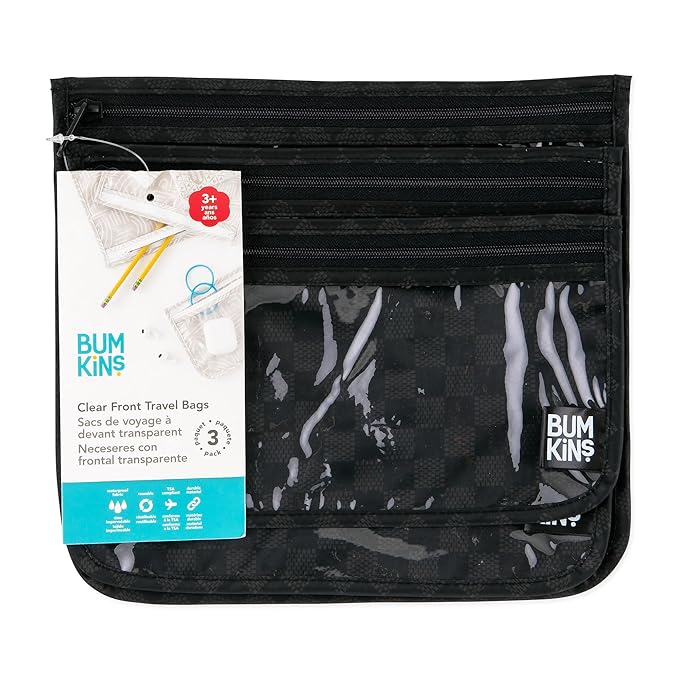 Bumkins Travel Bag, Toiletry, TSA Approved Pouch, Zip Bag, Quart Size Airline Compliant, Clear-Sided, Baby, Diaper Bag Organization, Makeup, Accessories, Carry On Packing, Set of 3 Sizes, Black Check