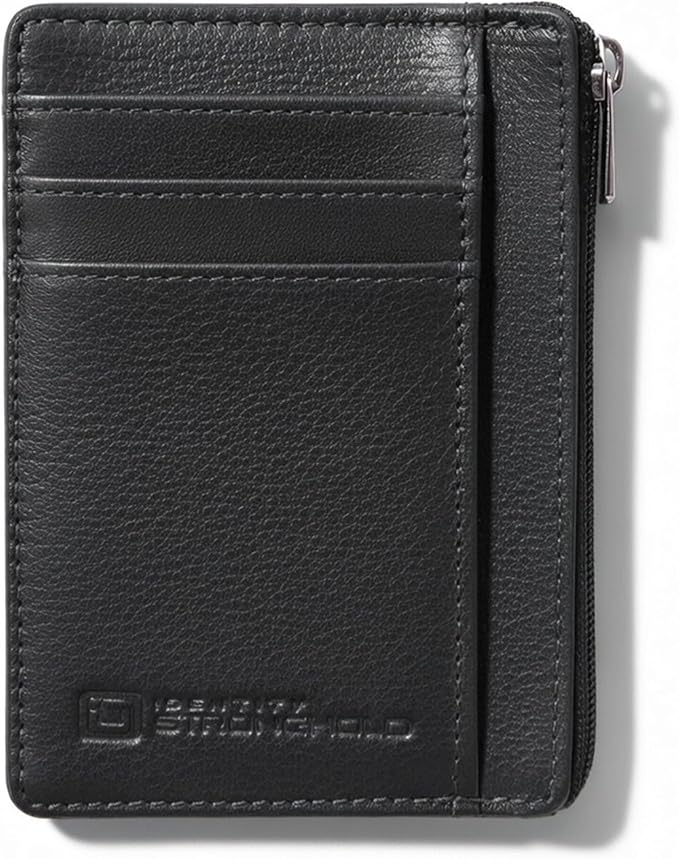 ID Stronghold RFID Front Pocket Wallet Mini Minimalist Wallet Slim Wallet Genuine Leather with Zipper, Small Black