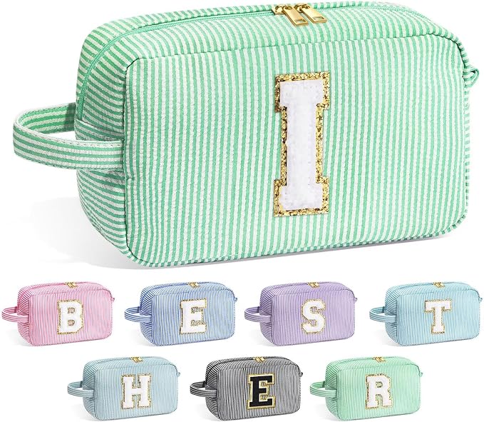 YOOLIFE Initial Cosmetic Bag for Women - Monogram Cute Makeup Bag Cosmetic Case Toiletry Pouch for Women Her Best Friend Sister Teacher, Personalized Birthday Gifts for Women, Light Green I