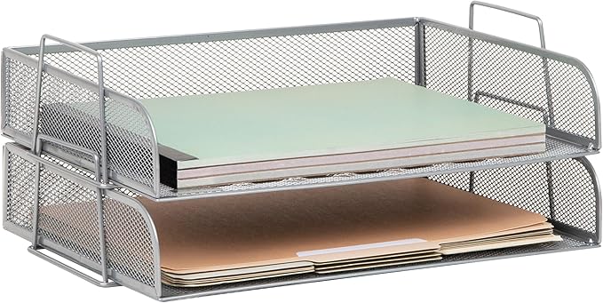 Mind Reader Stackable Paper Tray, Desktop Organizer, File Storage, Office, Metal Mesh, 2 Pcs., Silver