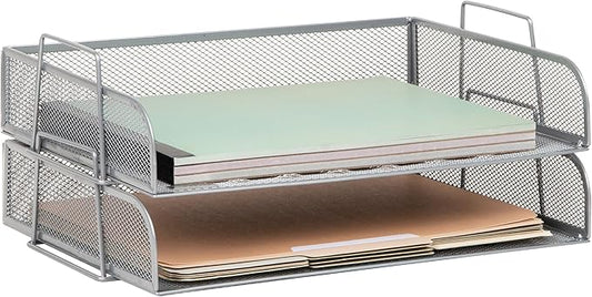 Mind Reader Stackable Paper Tray, Desktop Organizer, File Storage, Office, Metal Mesh, 2 Pcs., Silver