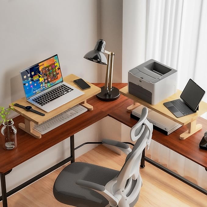 Bamboo Monitor Stand Riser for Desk, Height Adjustable Computer Riser & Laptop Stand, Ergonomic Desktop Organizer Shelf W/ Underneath Storage, Sturdy 100 lbs Capacity for Printer/TV/Home Office