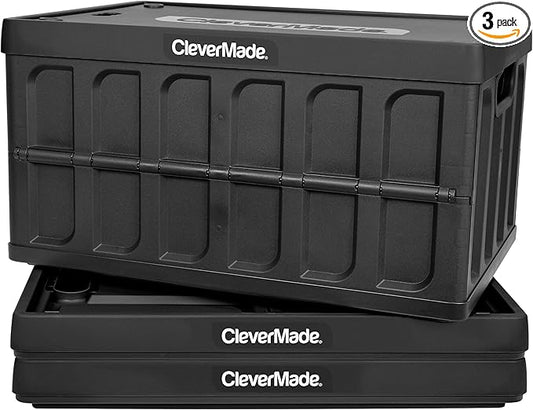 CleverMade Collapsible Storage Bins with Lids (62L, 3 Pack) – Heavy Duty Foldable Plastic Storage Crates for Garage, Closet & Trunk Organization - Obsidian