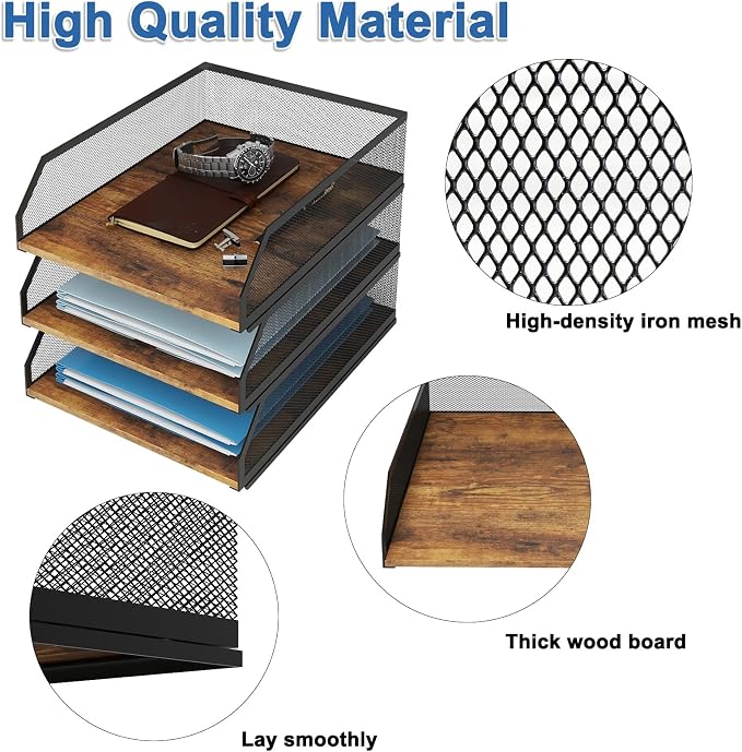 Natwind 3-Tier Stackable Metal Mesh Paper Organizer with Sliding Tray,Retro | Wooden Desk Organizer, Letter Tray For Desktop,File Holder For Home Office School Classroom Organization