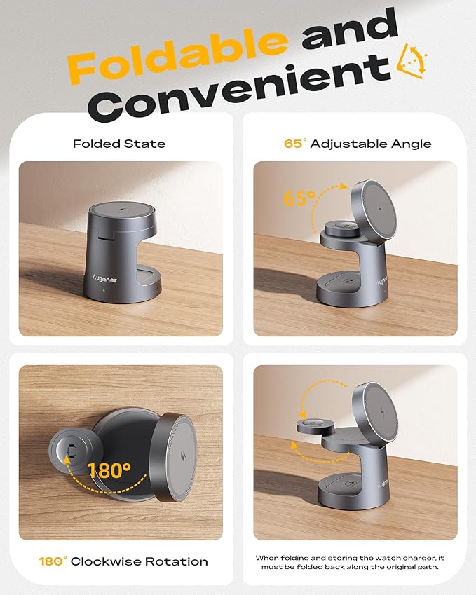 4 in 1 Charging Station Compatible with MagSafe Charger, Foldable Magnetic Wireless Charger with Night Lamp, 15W Fast Charging Stand for iPhone 17/16/15/14/13/12, Apple Watch, AirPods (20W Adapter)