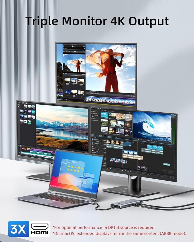 LIONWEI 12-in-1 USB C Docking Station Multiport Adapter, Triple Monitor 3 HDMI 4K@60Hz, 1000Mbps Ethernet, 10Gbps USB 3.1, PD 100W, SD/TF, Screen On/Off Button for Laptop/Windows/macOS