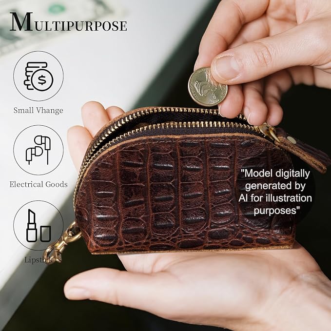 Gexmil Genuine Leather Coin Purse with Zipper, Full Grain Leather, Mini Coin Pouch for Women Men, Change Wallet,Crocodile Brown