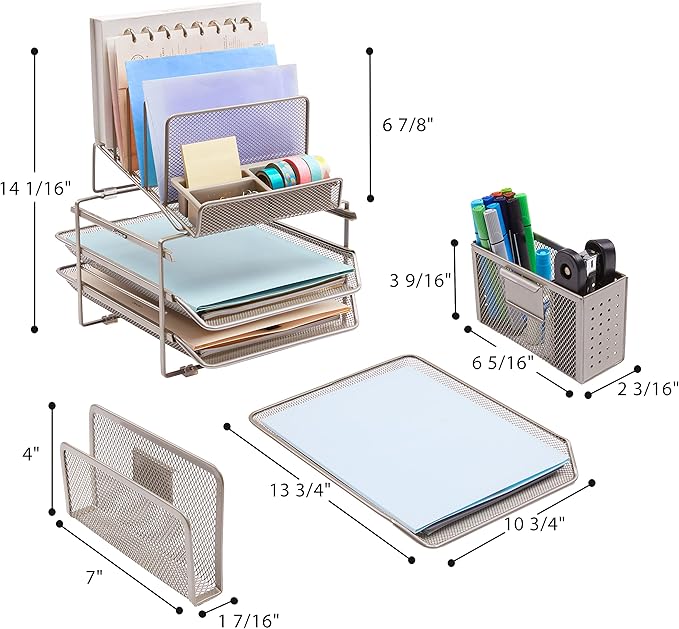 DESIGNA Stackable Mesh Desk Organizer with 3 Sliding Letter Trays 4 File Holders 2 Side Compartments & Pencil Holder Non-slip All In One Desktop Accessories Organizers Office Storage, Champagne