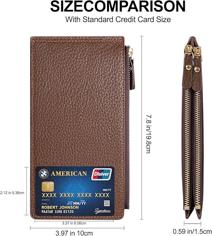 Wallet Women - Slim Bifold RFID Blocking Wallet Leather Ladies Multi Card Holder Wallet with 2 Zipper Pocket (Brown)