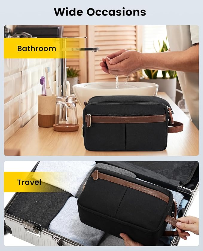 Vorspack Large Canvas Toiletry Bag for Men - Water Resistant Travel Bag for Toiletries, Bathroom Essentials, Accessories - Black