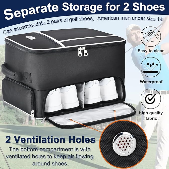CAB55 Golf Trunk Organizer with 4 Wheels, 2 Layer Waterproof Car Golf Organizer with Separate Ventilated Compartment for 2 Pair Shoes, Golf Trunk Storage for Clothes, Accessories, Golf Gifts