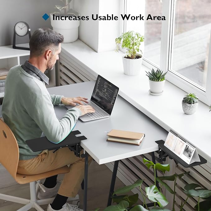 BONTEC Desk Extender Tray, 11.8"x5.9" Table Mount Arm Wrist Rest Shelf, 90°Foldable Elbow Support, Clamp on Computer Arm Rest for Desk, Office & Home Use, Durable & Easy to Install, Black Pattern