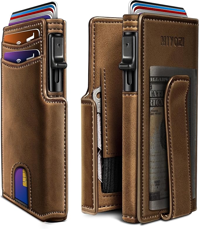 miyozi Men Wallet,with Money Clip Coins Pocket ID Window,Slim Front Pocket RFID Blocking Pop-up Card Holder 3.9"x 2.7", Gift Boxed