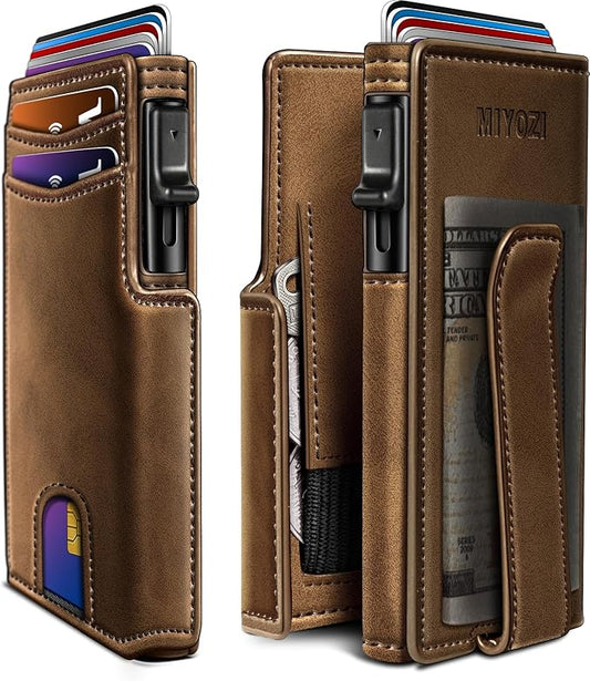 miyozi Men Wallet,with Money Clip Coins Pocket ID Window,Slim Front Pocket RFID Blocking Pop-up Card Holder 3.9"x 2.7", Gift Boxed