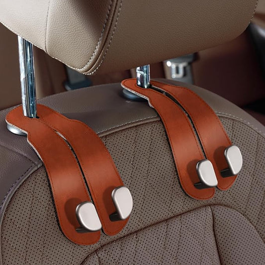 CoBak Purse Hook for Car - Universal Premium Stitched Leather and Aluminum-Magnesium Alloy Double Car Seat Back Storage Hook for Purses, Handbags, Bags (2 Pack),Russet Brown