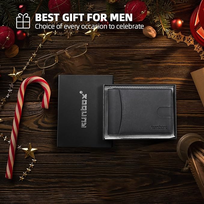 RUNBOX Slim Wallet for Men Genuine Leather RFID Blocking Bifold Minimalist Front Pocket Mens Wallet with Money Clip Thin Gift Box
