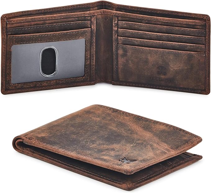 Real Leather Mens Bifold Wallet RFID Blocking Slim Minimalist Front Pocket - Thin & Stylish with ID Window in Gift Box (Crazy Horse, Cognac).
