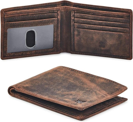 Real Leather Mens Bifold Wallet RFID Blocking Slim Minimalist Front Pocket - Thin & Stylish with ID Window in Gift Box (Crazy Horse, Cognac).