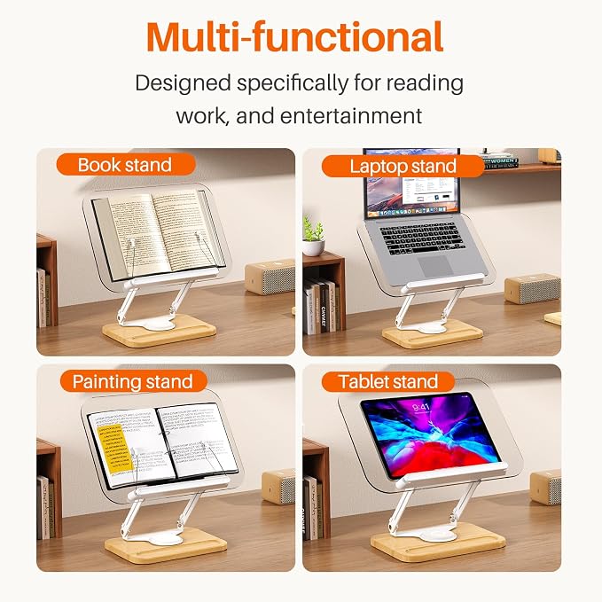 BYMECOST Acrylic Book Stand for Reading, 360°Rotating Book Holder with Pen Slot, Adjustable Height and Angle, Elastic Clips for Cookbook Stand, Foldable Desktop Riser for Laptop,Tablet,Recipe,Magazine