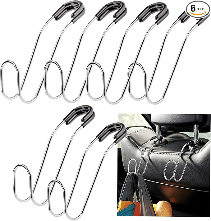 High Road Metal Car Hooks - Hard Hat Holder for Truck and Unbreakable Headrest Hooks for Car for Large Straps and Heavy Bags up to 40 lbs - Secure Attachment Loops Fit All Headrest Posts, 6-Pack
