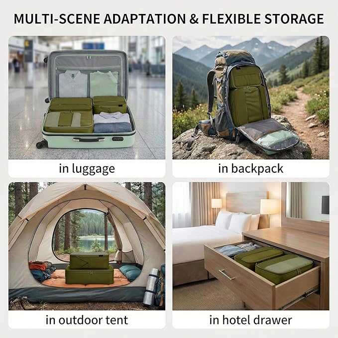 4 Piece Compression Packing Cubes for 3–7 Day Travel, Space Saving Travel Organizers with Breathable Mesh, Double-Zipper Packing Cubes for Carry-On & Suitcases (Green)