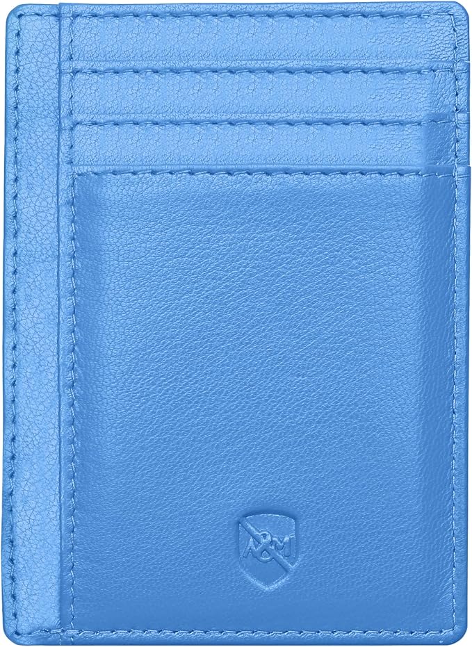 ALLEN & MATE 100% Genuine Leather Slim Minimalist wallet RFID Blocking Card Holder Wallets for Men & Women - Holds 7 Cards, ID & Cash with Gift Box (Blue)
