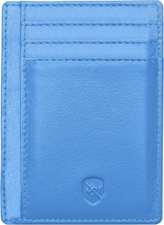 ALLEN & MATE 100% Genuine Leather Slim Minimalist wallet RFID Blocking Card Holder Wallets for Men & Women - Holds 7 Cards, ID & Cash with Gift Box (Blue)