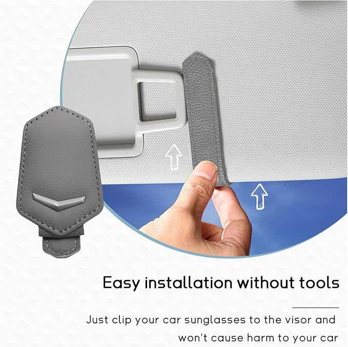 Dickno Sunglasses Holder for Car Sun Visor, Magnetic Leather Glasses Hanger Mounted with Ticket Card Clip, Universal Vehicle Interior Accessories for Different Size Eyeglasses (Gray)