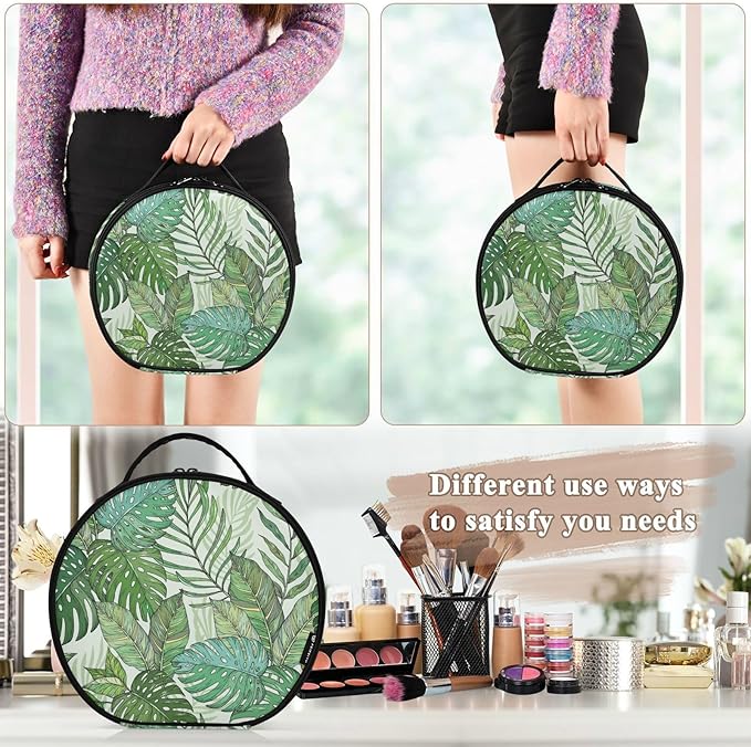senya Round Cosmetic Pouch Travel Makeup Train Case Tropical Palm Leaves Makeup Organizer Bag with Adjustable Dividers Portable for Cosmetics Makeup Brushes Toiletry Jewelry Accessories