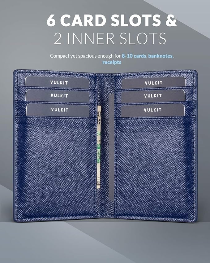 VULKIT Bifold Front Pocket Slim Wallet RFID Blocking Minimalist Thin Leather Credit Card Holder Wallet for Men and Women Cross Navy