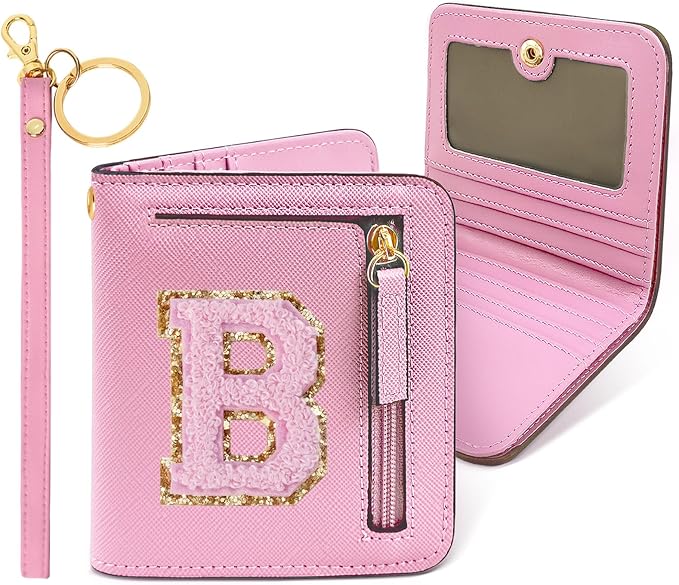 COSHAYSOO Trendy Christmas Birthday Party Favor Gifts Initial Wallets for Girls Teens Women Big Sister Dance Recital Performance Cheer Cheerleader Team Gifts Chenille Letter B Pink