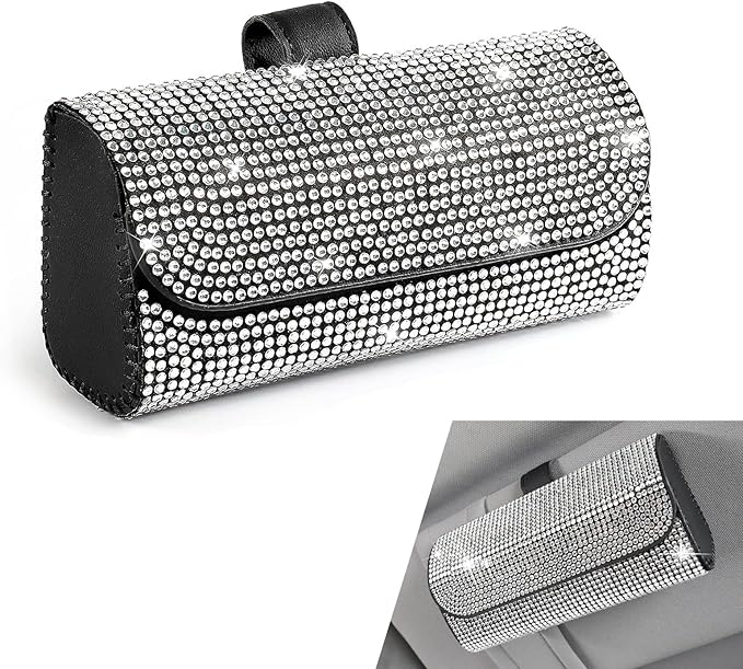 Bling Sunglasses Holder for Car Sun Visor, Rhinestone Auto Eyeglasses Mount Clip Organizer, Leather Sunvisor Sunglasses Storage Case, Universal Glasses Holder Clips for SUV, Sedan, Van (White)