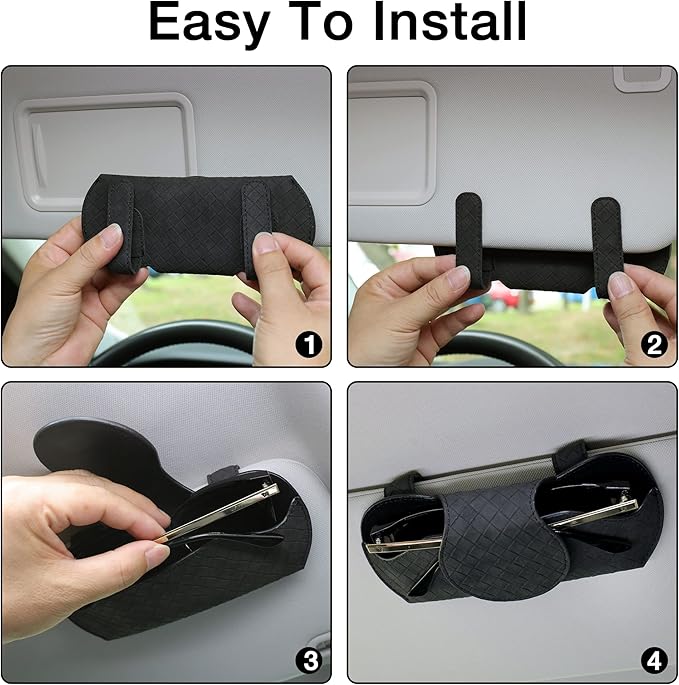 KINIVA Sunglasses Holder for Car Visor PU Leather Glasses Case with Clips for Car Visor Automotive Interior Visor Accessories Apply to All Car Models (Black)