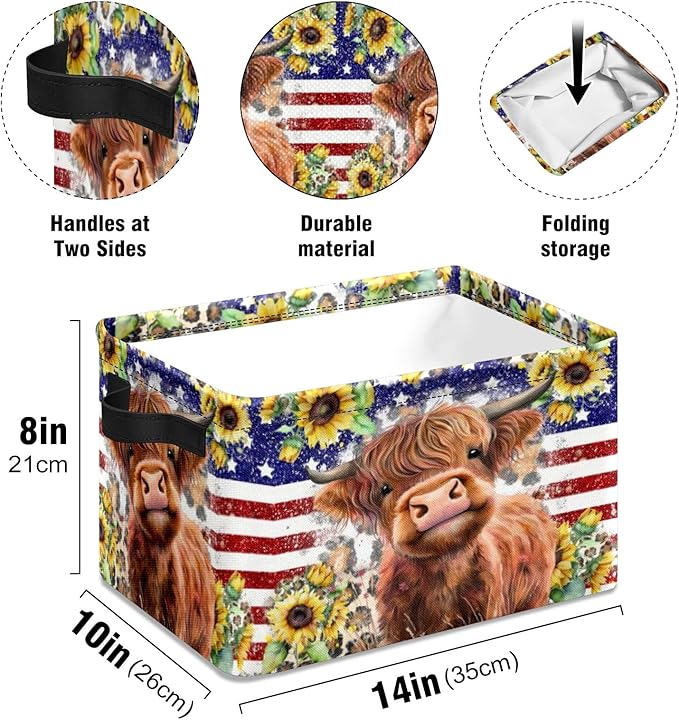 Patriotic American Cow Highland Storage Bins Oxford Fabric Storage Basket for Shelves for Organizing Closet Shelf Nursery Toy with Handles 10 x 14 x 8 inches
