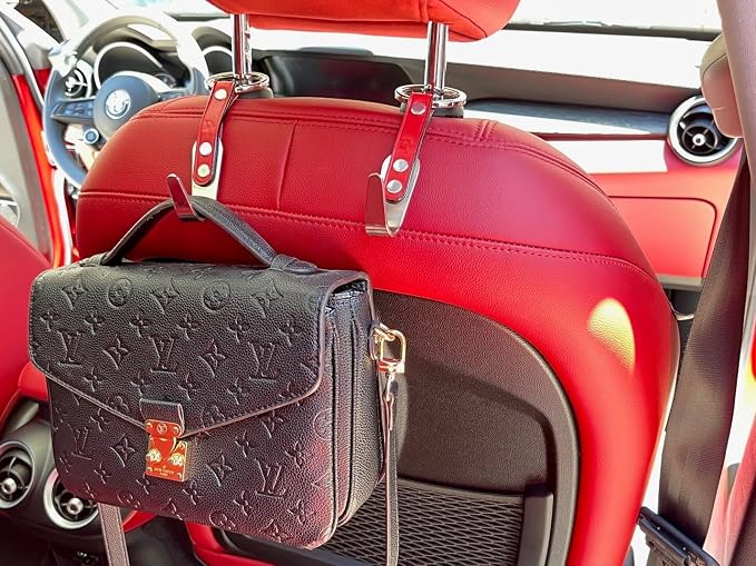 Car Headrest Hanger Hooks 2 Pack Premium Leather Stainless Steel Car Seat Head Rest Storage Organizer Universal for Handbag Purse Vehicle Car Rustic Brown Leather Black Hook