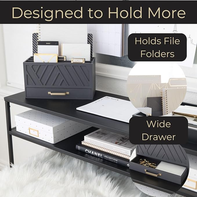 BLU MONACO | Grey Three-Tier Desktop Mail Organizer with Gold Label Holders & Drawer | Stylish Mail Holder and Countertop Document Storage for Home or Office