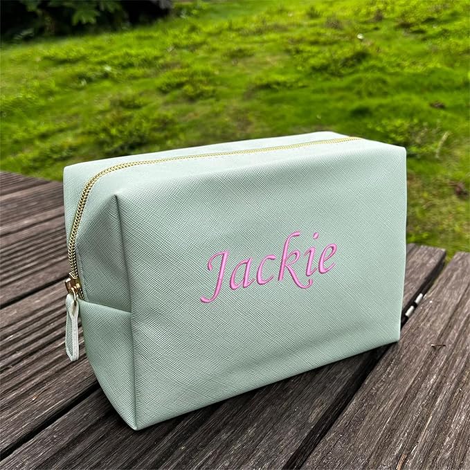 GOPHIE Cusotom Embroidery Travel Makeup Bag Organizer,Cosmetic Bags for Women,Gift For Bachelorette Party,Set of 6,Green