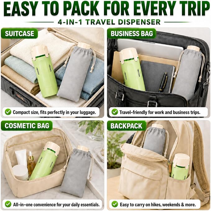 4 in 1 Travel Dispenser, Leak-Proof Travel Bottles with Storage Bag, 4 Refillable 30ml (1oz) Travel Containers for Toiletries, Portable Green Set for Shampoo, Body Wash, Lotion