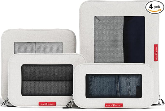 LeanTravel Premium Compression Packing Cubes for Travel - Suitcase Organizer Bags with Double Zipper & Breathable Mesh Panel - Space Saving Carry On Luggage Essentials (4-Pack, Sand)