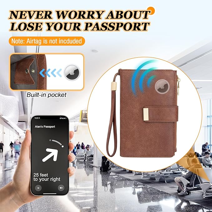 HUANLANG Passport Holder with Airtag for Women/Men, Airtag Passport Wallet for Travel Leather Passport Holder RFID Blocking,Travel Passport Walelt with Credit Card Holder