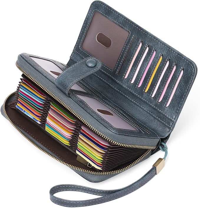 GAEKEAO Leather Credit Card Holder Wallet for Women RFID Blocking Large Capacity Bifold Zipper Card Case Organizer with Wristlet 45 Slots