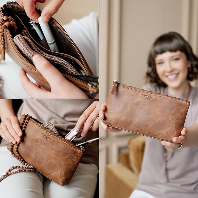 BERLINER BAGS Vintage Genuine Leather Makeup Bag Anna, Cosmetic Bag for Purse, Travel and Cosmetics Pouch with Zipper for Women- Brown