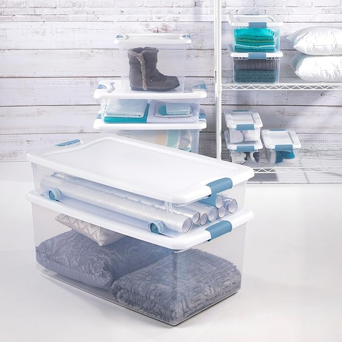 Sterilite 24-Pack Latching Box, Under Bed Storage Bins with Lids, Clear Plastic, 32 Quart - Heavy-Duty Organizing Containers for Closet, Bathroom, and Office